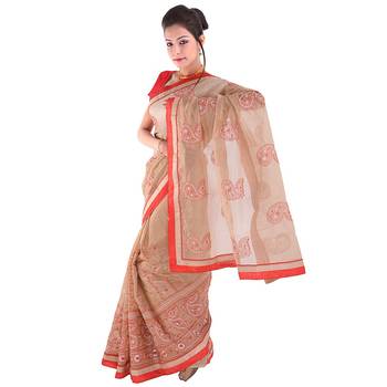 Resham Embroidery Heavy Dupion Border Cream Saree Deepawali Gift 272 3