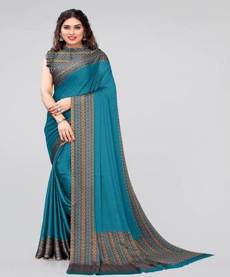 Teal Chiffon Printed Saree with Unstitched Blouse 1