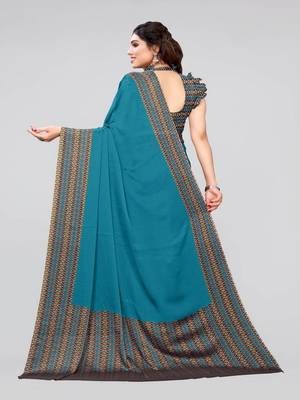 Teal Chiffon Printed Saree with Unstitched Blouse 4