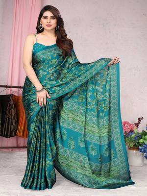 Green Chiffon Floral Printed Saree with Unstitched Blouse 1