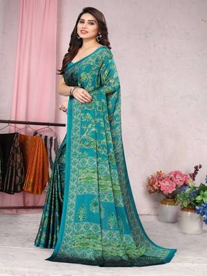 Green Chiffon Floral Printed Saree with Unstitched Blouse 3