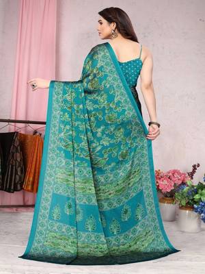 Green Chiffon Floral Printed Saree with Unstitched Blouse 4