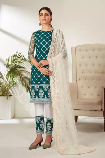 Teal Blue Embroidered Net Semi Stitched Straight Suit Up To 42" Size