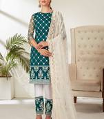 Teal Blue Embroidered Net Semi Stitched Straight Suit Up To 42" Size