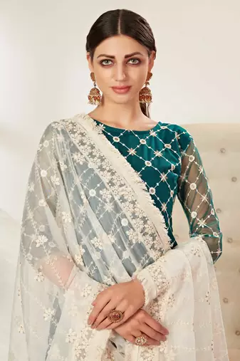 Teal Blue Embroidered Net Semi Stitched Straight Suit Up To 42" Size