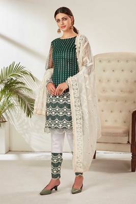 Green Embroidered Net Semi Stitched Straight Suit Up To 42" Size 1