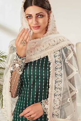 Green Embroidered Net Semi Stitched Straight Suit Up To 42" Size 2