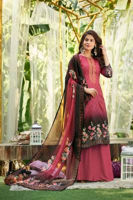 Pink Digital Printed Cotton Semi Stitched Straight Suit Up To 42" Size 1
