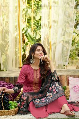 Pink Digital Printed Cotton Semi Stitched Straight Suit Up To 42" Size 2