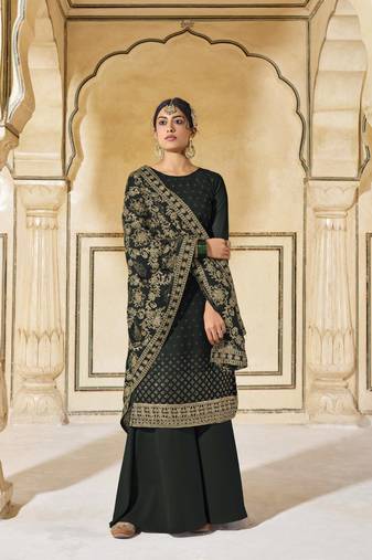 Black Embroidered Georgette Semi Stitched Straight Suit Up To 42" Size