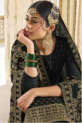 Black Embroidered Georgette Semi Stitched Straight Suit Up To 42" Size 2