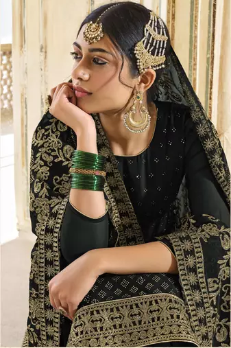 Black Embroidered Georgette Semi Stitched Straight Suit Up To 42" Size