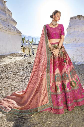 Latest baby pink colour banarasi jacquard silk blend lehenga