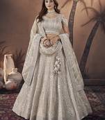 Beige colour soft net embroidered lehenga for engagement