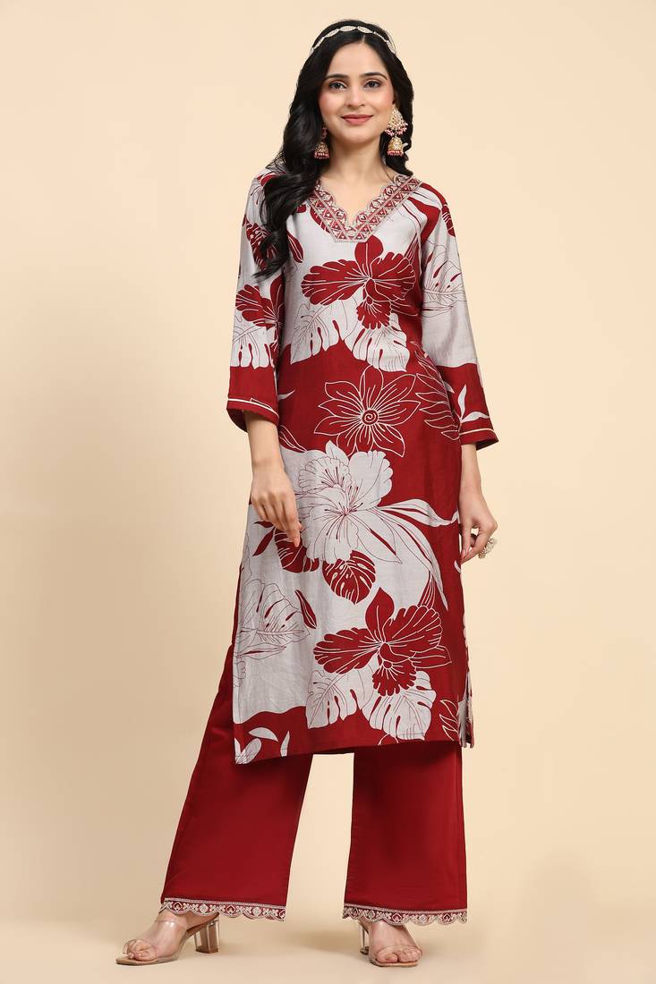Trendmalls  Maroon Chanderi Silk V Neck Embroidery Floral Printed Straight Kurta Palazzo for Women