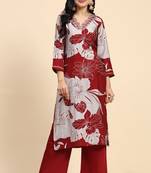 Trendmalls  Maroon Chanderi Silk V Neck Embroidery Floral Printed Straight Kurta Palazzo for Women