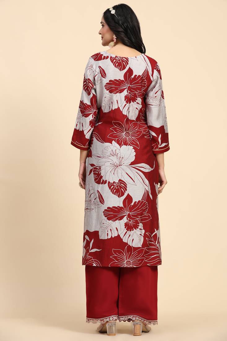 Trendmalls  Maroon Chanderi Silk V Neck Embroidery Floral Printed Straight Kurta Palazzo for Women