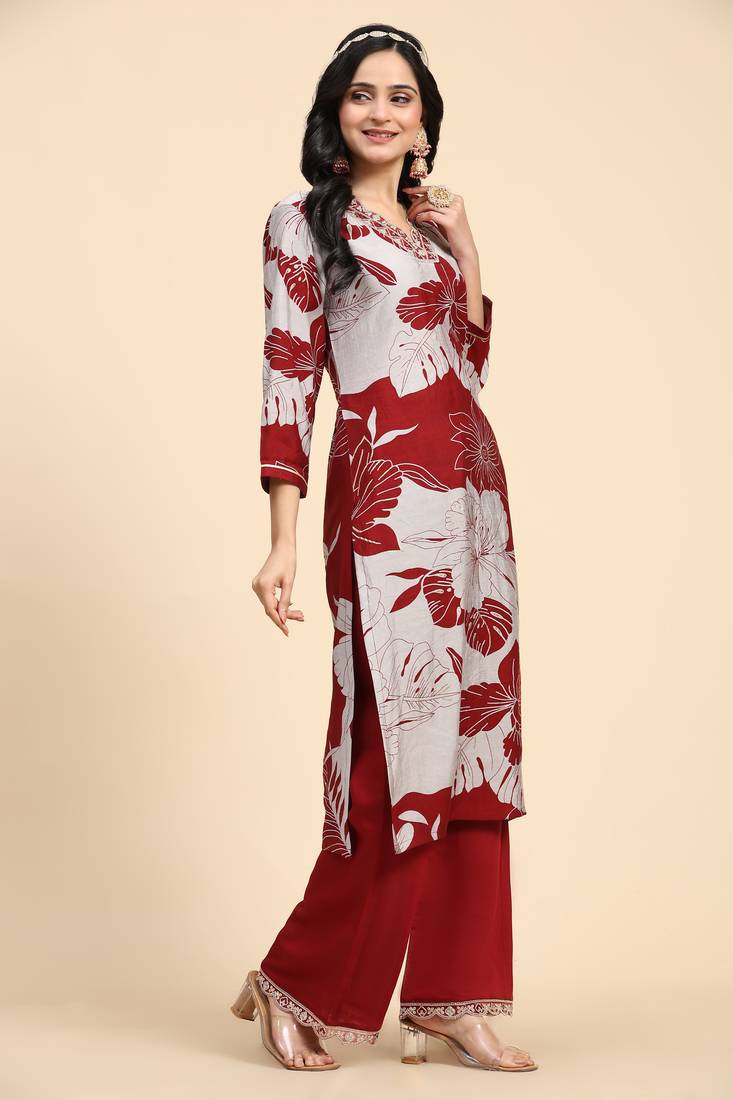Trendmalls  Maroon Chanderi Silk V Neck Embroidery Floral Printed Straight Kurta Palazzo for Women