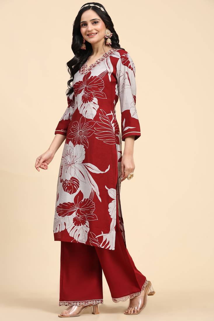 Trendmalls  Maroon Chanderi Silk V Neck Embroidery Floral Printed Straight Kurta Palazzo for Women