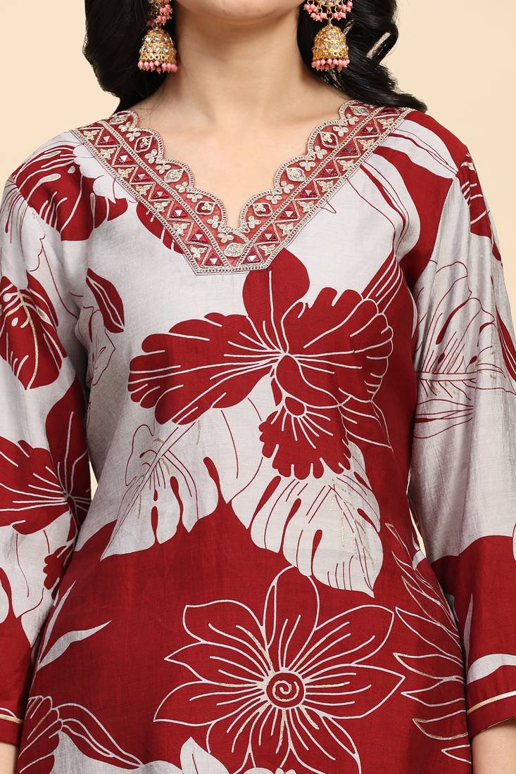 Trendmalls  Maroon Chanderi Silk V Neck Embroidery Floral Printed Straight Kurta Palazzo for Women