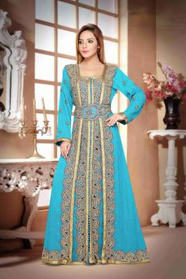 Cyan color Handmade Moroccan Kaftan with hijjab 1