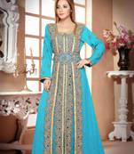 Cyan color luxurious Handmade Moroccan Kaftan with hijjab