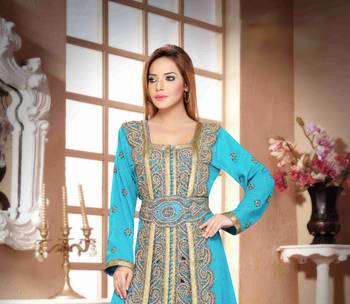 Cyan color Handmade Moroccan Kaftan with hijjab 2