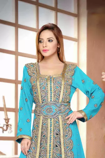 Cyan color Handmade Moroccan Kaftan with hijjab