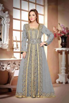 Grey color Full Sleeves Handmade Moroccan Kaftan with hijjab 1