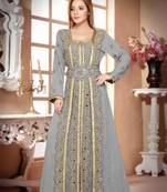 Grey color luxurious Full Sleeves Handmade Moroccan Kaftan with hijjab