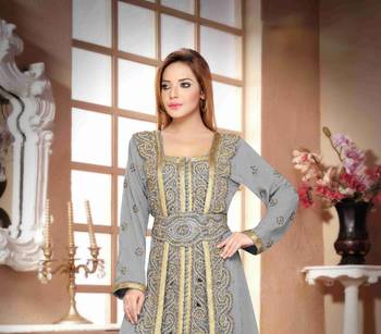 Grey color Full Sleeves Handmade Moroccan Kaftan with hijjab 2