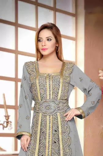 Grey color Full Sleeves Handmade Moroccan Kaftan with hijjab
