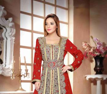 Maroon color Handmade Moroccan Kaftan with hijjab 2