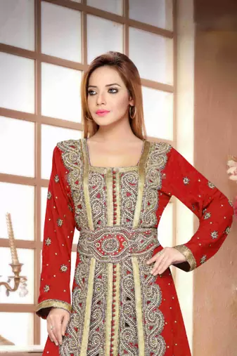 Maroon color Handmade Moroccan Kaftan with hijjab