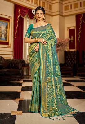 Green Kandini Silk bland golden border banarasi style saree with Blouse 1