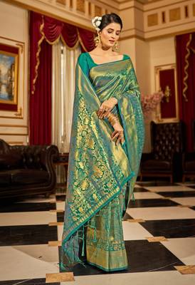 Green Kandini Silk bland golden border banarasi style saree with Blouse 2