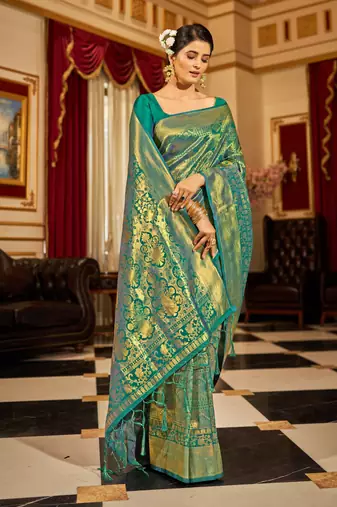 Green Kandini Silk bland golden border banarasi style saree with Blouse