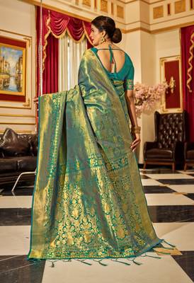 Green Kandini Silk bland golden border banarasi style saree with Blouse 3