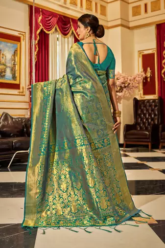Green Kandini Silk bland golden border banarasi style saree with Blouse