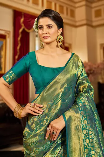 Green Kandini Silk bland golden border banarasi style saree with Blouse