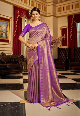 Purple Kandini Silk bland golden border banarasi style saree with Blouse 1
