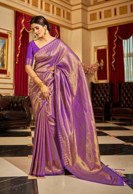 Purple Kandini Silk bland golden border banarasi style saree with Blouse 2