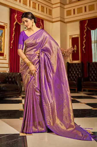 Purple Kandini Silk bland golden border banarasi style saree with Blouse