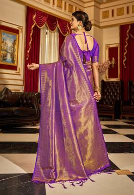 Purple Kandini Silk bland golden border banarasi style saree with Blouse 3