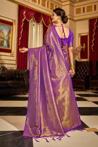 Purple Kandini Silk bland golden border banarasi style saree with Blouse
