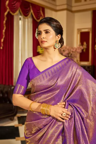 Purple Kandini Silk bland golden border banarasi style saree with Blouse