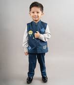 Blue cotton blend embroidery bundi set