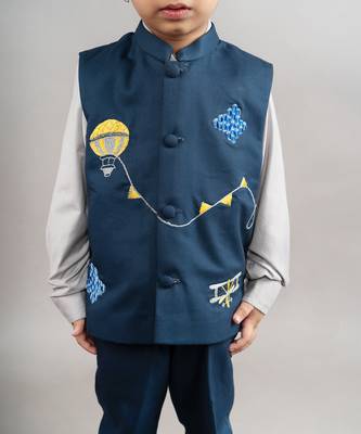 Blue cotton blend embroidery bundi set 4