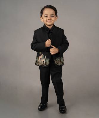 Black cotton blend embroidery tuxedo set 1