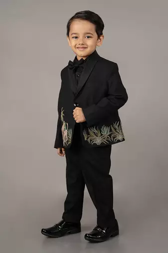 Black cotton blend embroidery tuxedo set